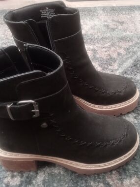 MIA Black Ankle Buckle Heeled Boots with Tan Lug Sole